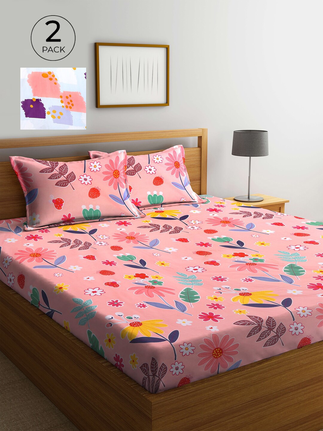 

KLOTTHE Pink & Blue Floral 300 TC Polycotton 2 Double Bedsheet with 4 Pillow Covers