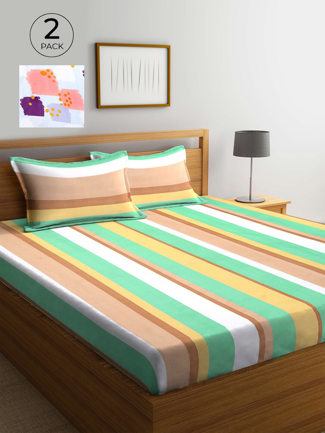 

KLOTTHE Multicoloured Striped 210 TC 2 King Bedsheet with 4 Pillow Covers, Multi