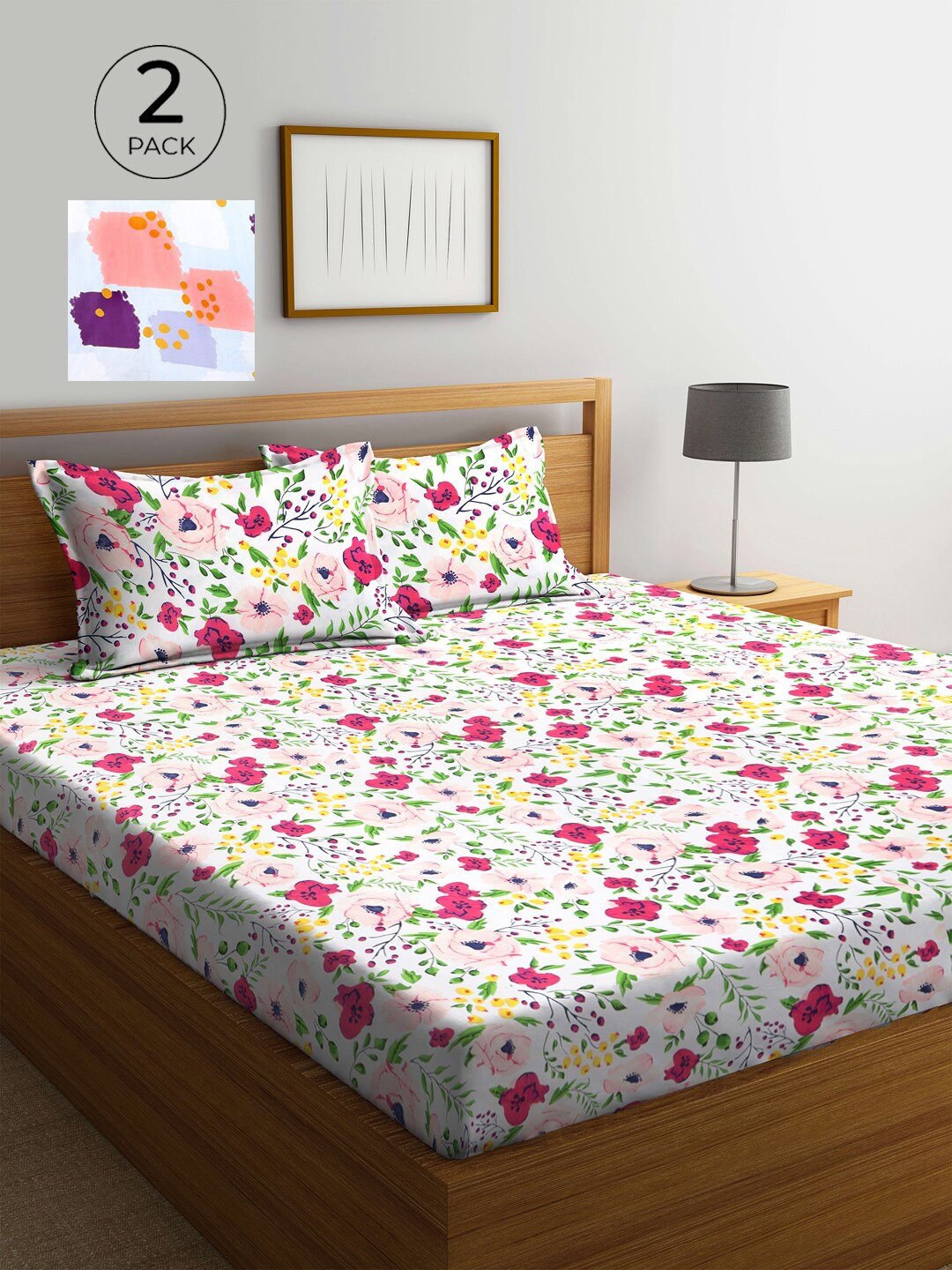 

KLOTTHE White & Fuchsia Floral 210 TC 2 King Bedsheet with 4 Pillow Covers