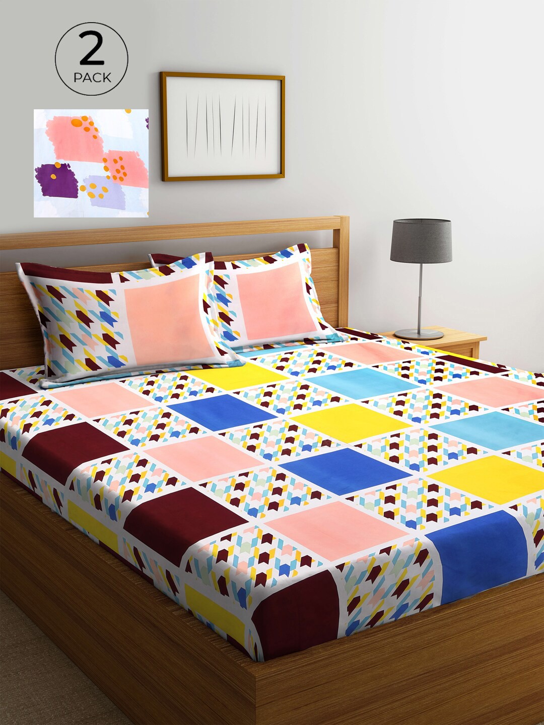 

KLOTTHE Pink & Blue Geometric 210 TC 2 King Bedsheet with 4 Pillow Covers