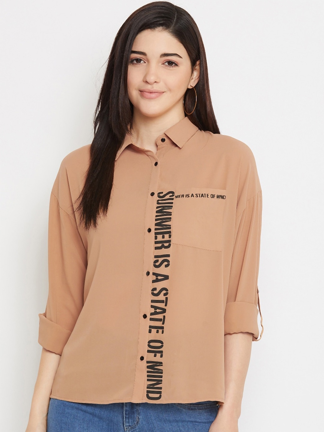 

Madame Women Tan Brown & Black Typography Printed Casual Shirt