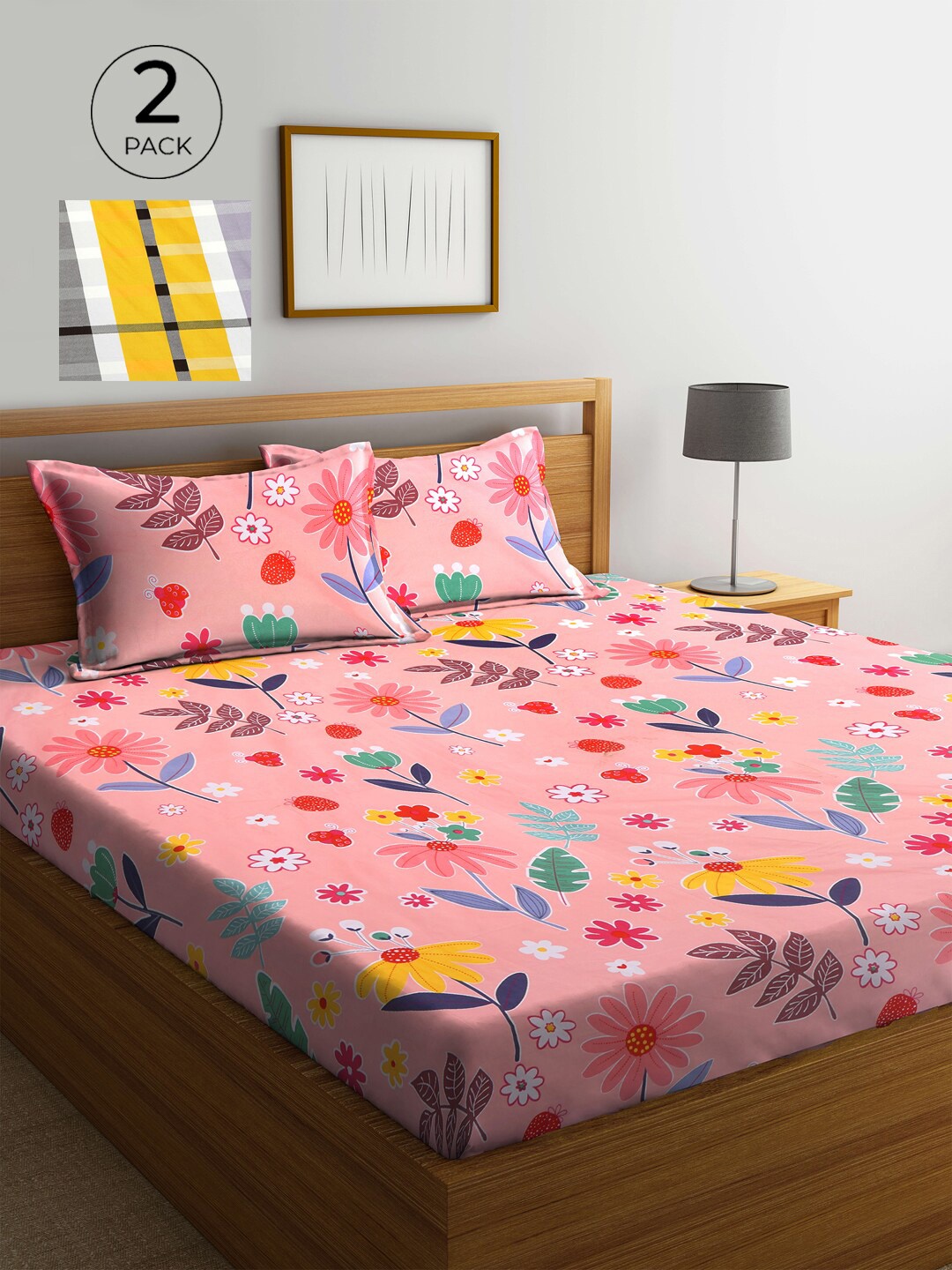 

KLOTTHE Pink & Grey Floral 210 TC 2 Double Bedsheet with 4 Pillow Covers