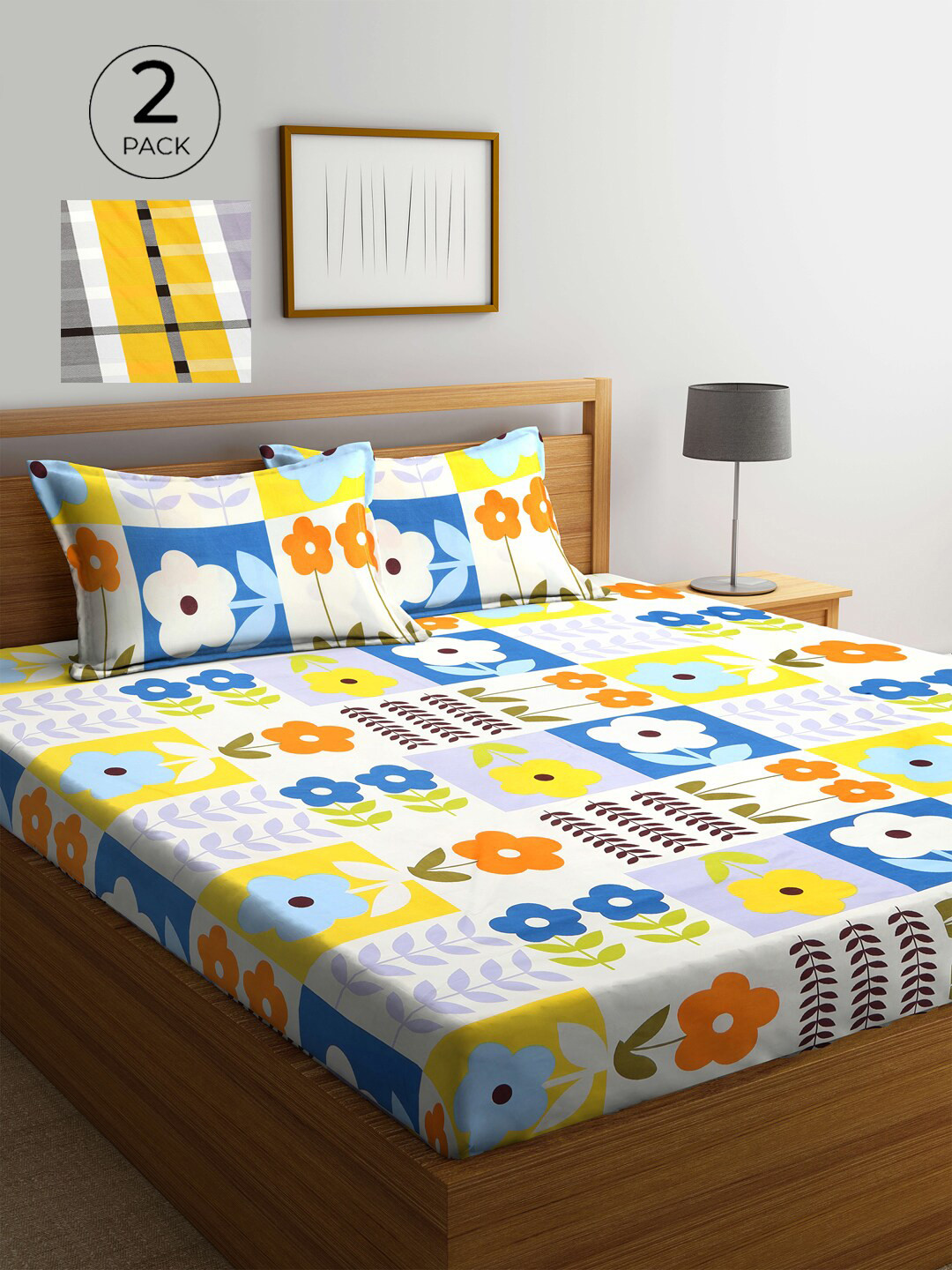 

KLOTTHE White & Blue Floral 210 TC 2 Double Bedsheet with 4 Pillow Covers