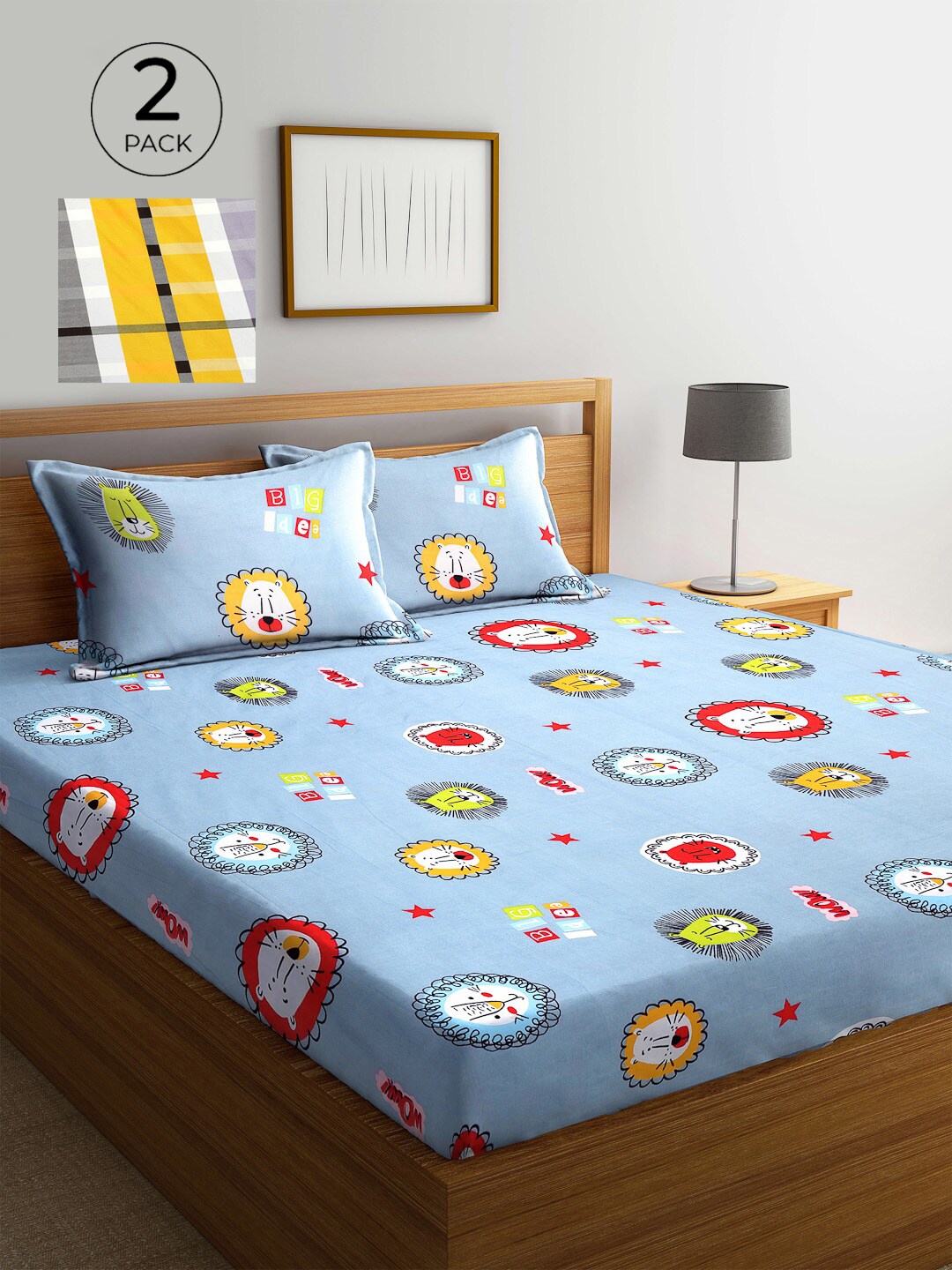 

KLOTTHE Blue & Grey Conversational 210 TC 2 King Bedsheet with 4 Pillow Covers