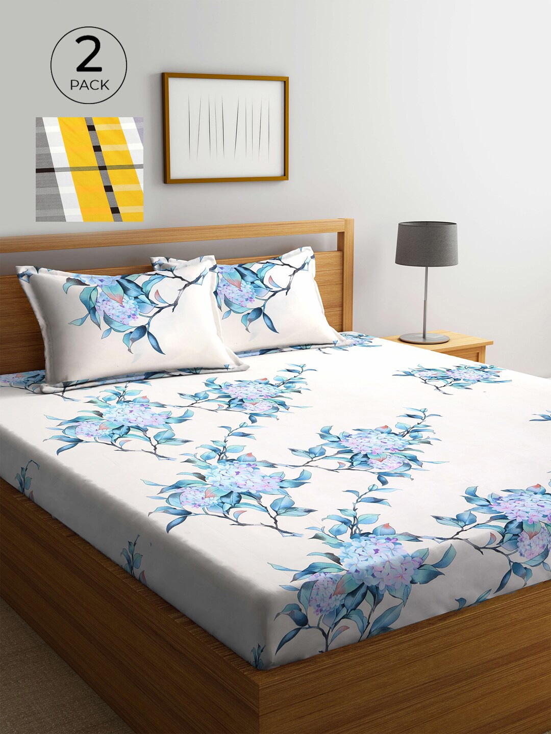 

KLOTTHE White & Blue Floral 210 TC 2 King Bedsheet with 4 Pillow Covers