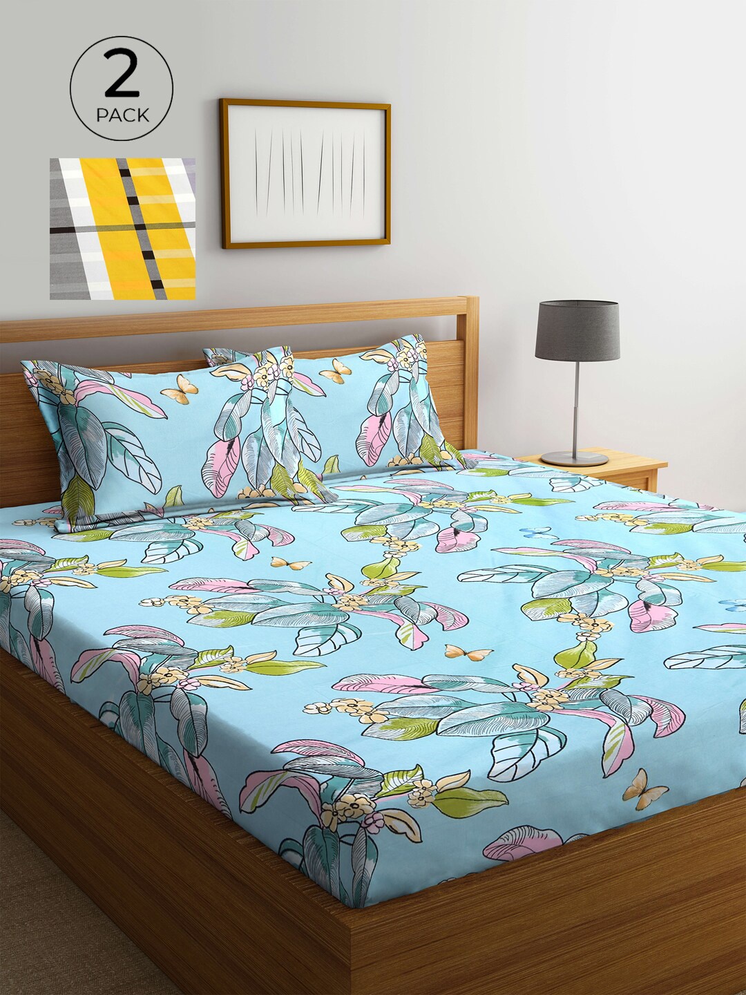 

KLOTTHE Blue & Yellow Floral 210 TC 2 King Bedsheet with 4 Pillow Covers