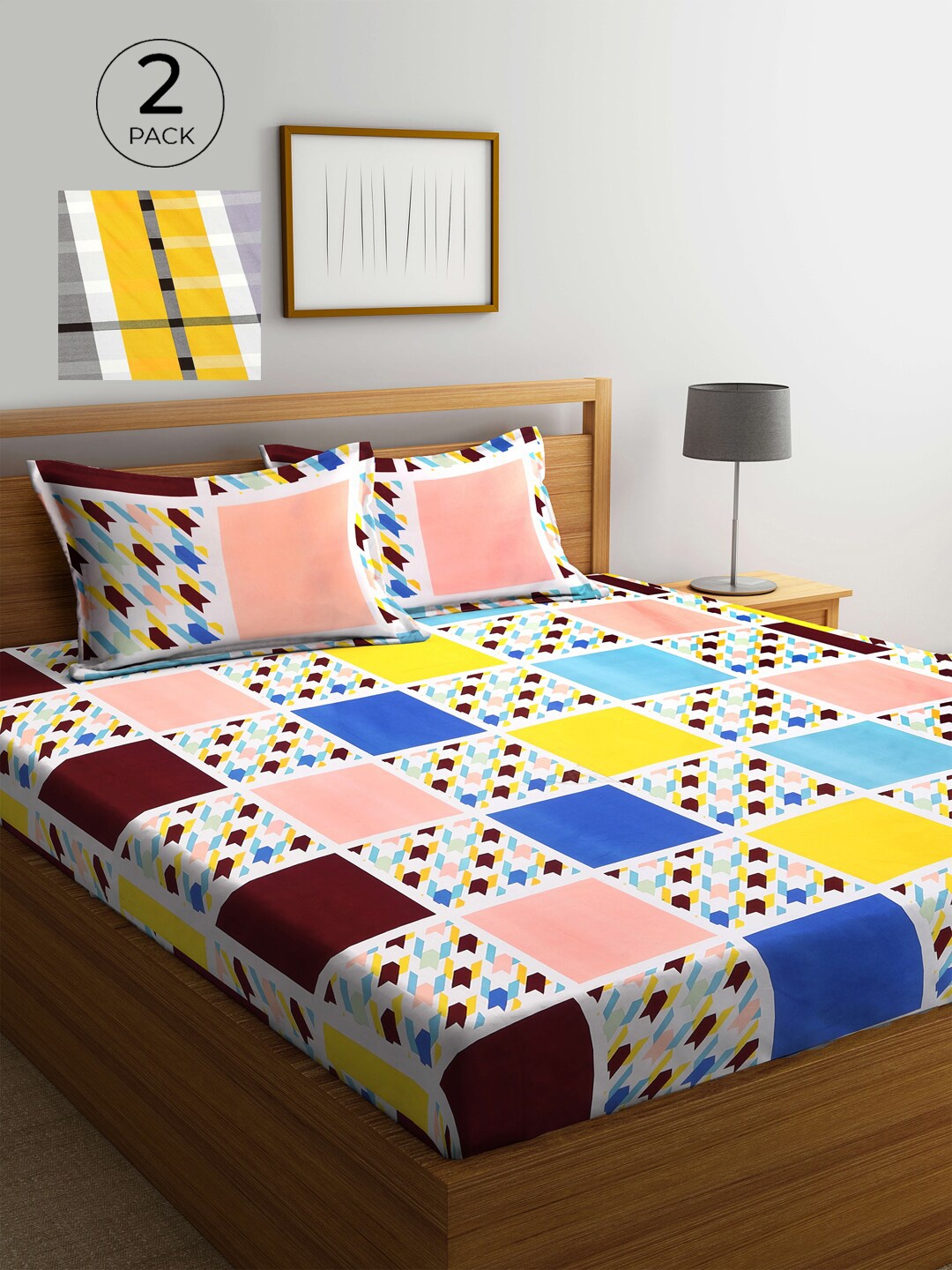 

KLOTTHE Yellow & Pink Geometric 210 TC 2 King Bedsheet with 4 Pillow Covers