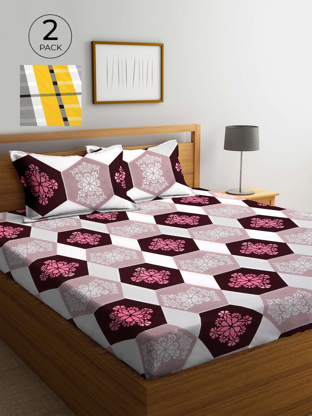 

KLOTTHE Pink & Grey Floral 210 TC Polycotton 2 Double Bedsheet with 4 Pillow Covers