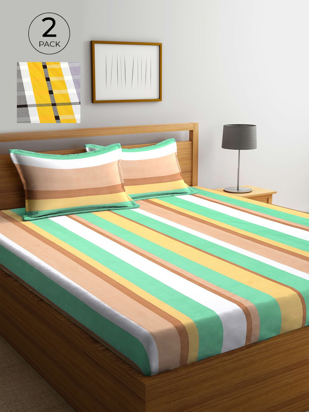 

KLOTTHE Yellow & Green Striped 210 TC 2 King Bedsheet with 4 Pillow Covers