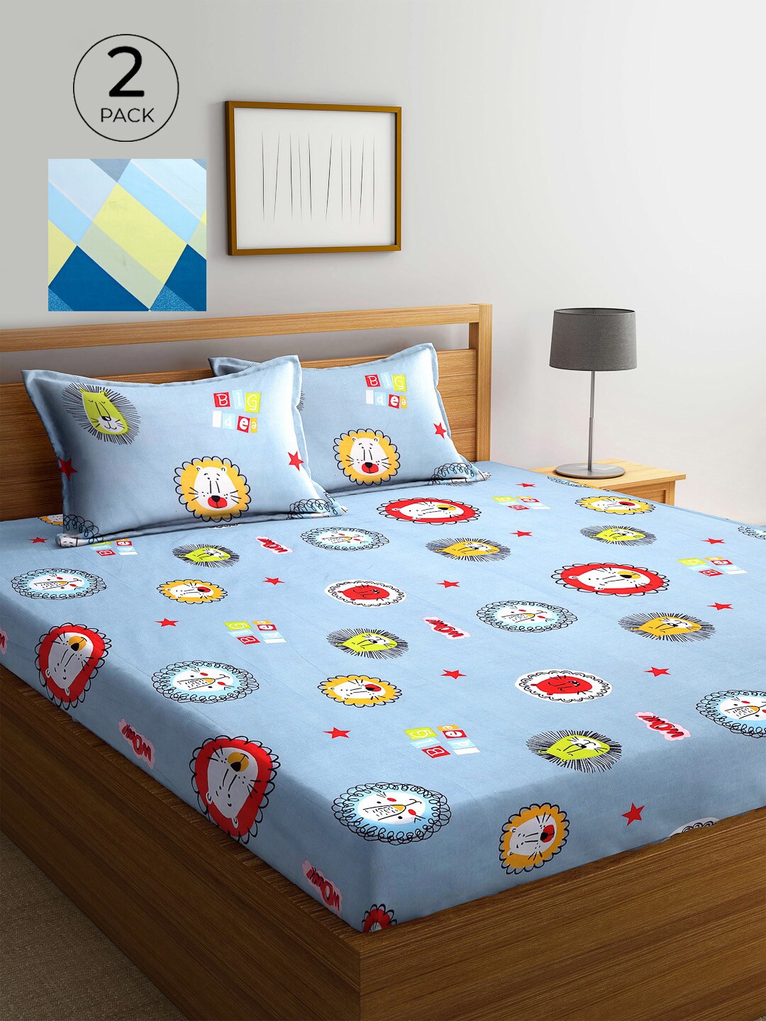 

Multicoloured Cartoon Characters 300 TC 2 King Bedsheet with 4 Pillow Covers, Multi