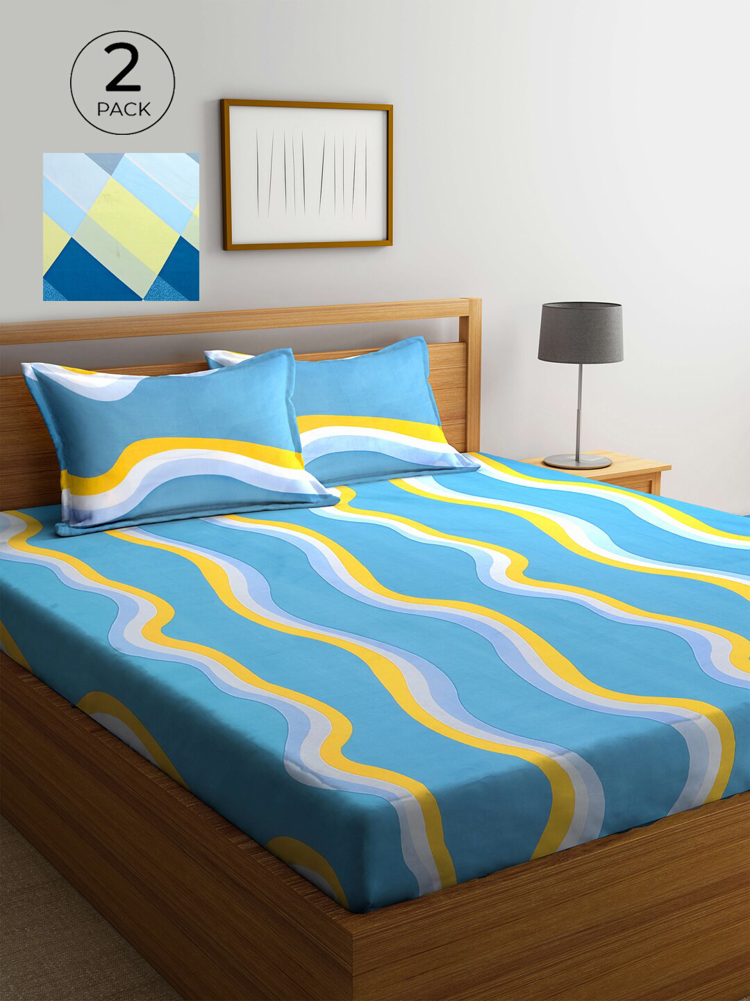 

KLOTTHE Blue & Yellow Printed 210 TC 2 King Bedsheet with 4 Pillow Covers