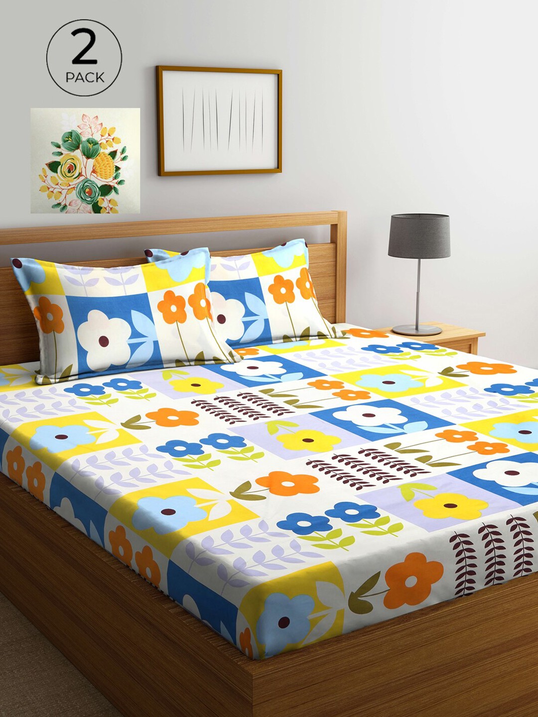 

KLOTTHE Cream-Coloured & Yellow Floral 210 TC 2 King Bedsheet with 4 Pillow Covers
