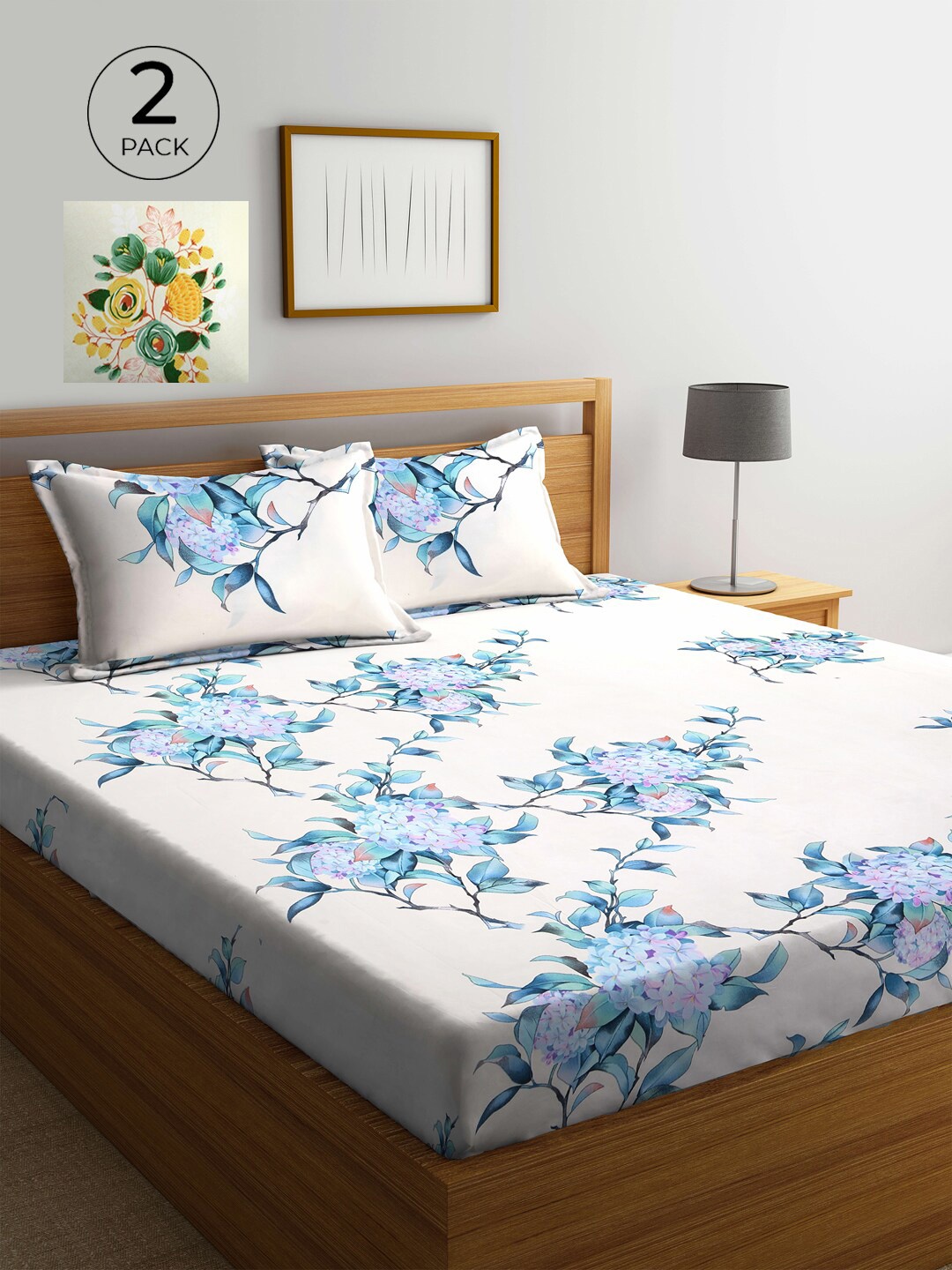 

KLOTTHE Cream-Coloured & Blue Floral 210 TC 2 King Bedsheet with 4 Pillow Covers