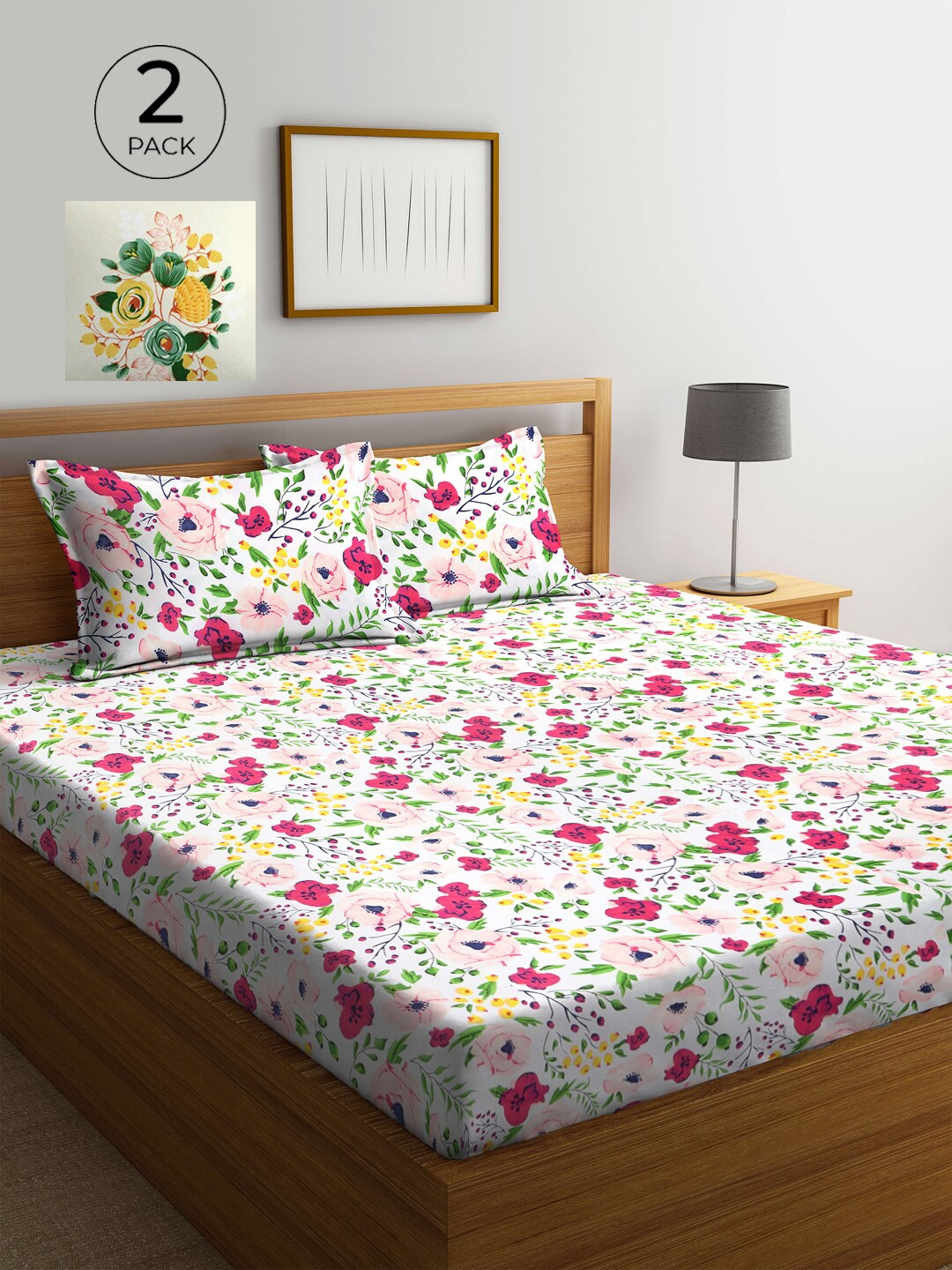 

KLOTTHE Yellow & Pink Floral 210 TC 2 King Bedsheet with 4 Pillow Covers