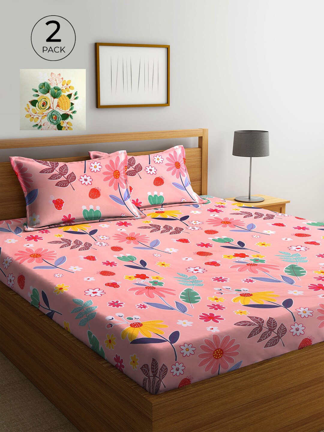 

KLOTTHE Pink & White Floral 210 TC 2 King Bedsheet with 4 Pillow Covers