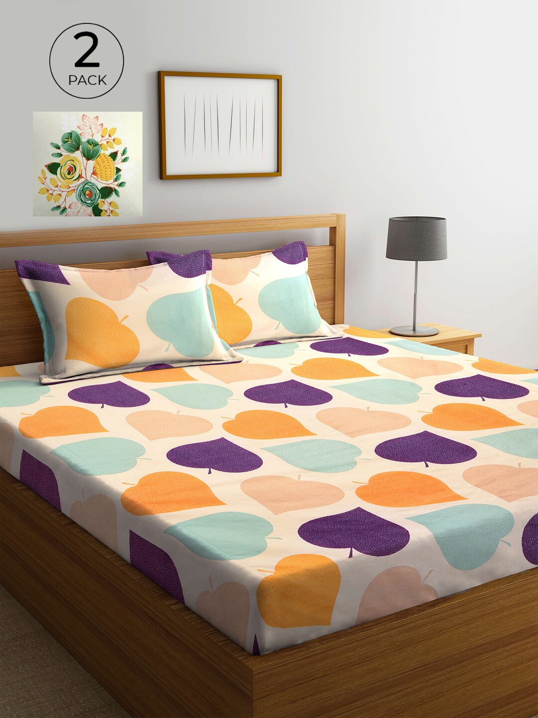 

KLOTTHE Cream-Coloured & Purple 210 TC 2 King Bedsheet with 4 Pillow Covers