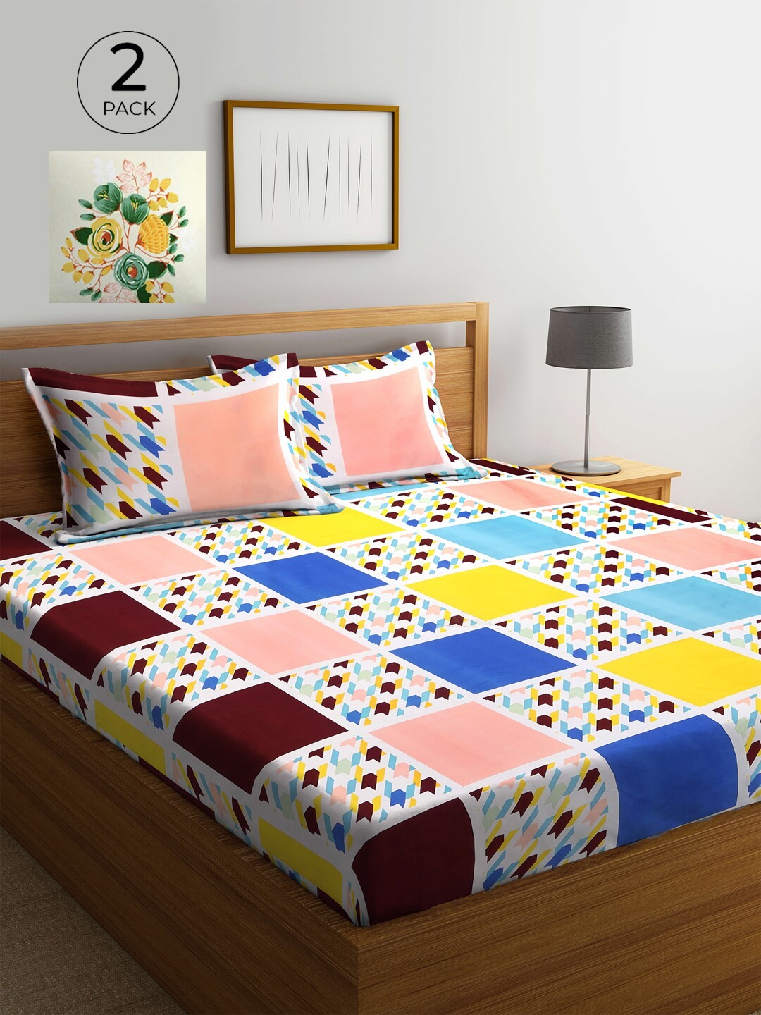 

KLOTTHE White & Yellow Geometric 210 TC 2 King Bedsheet with 4 Pillow Covers