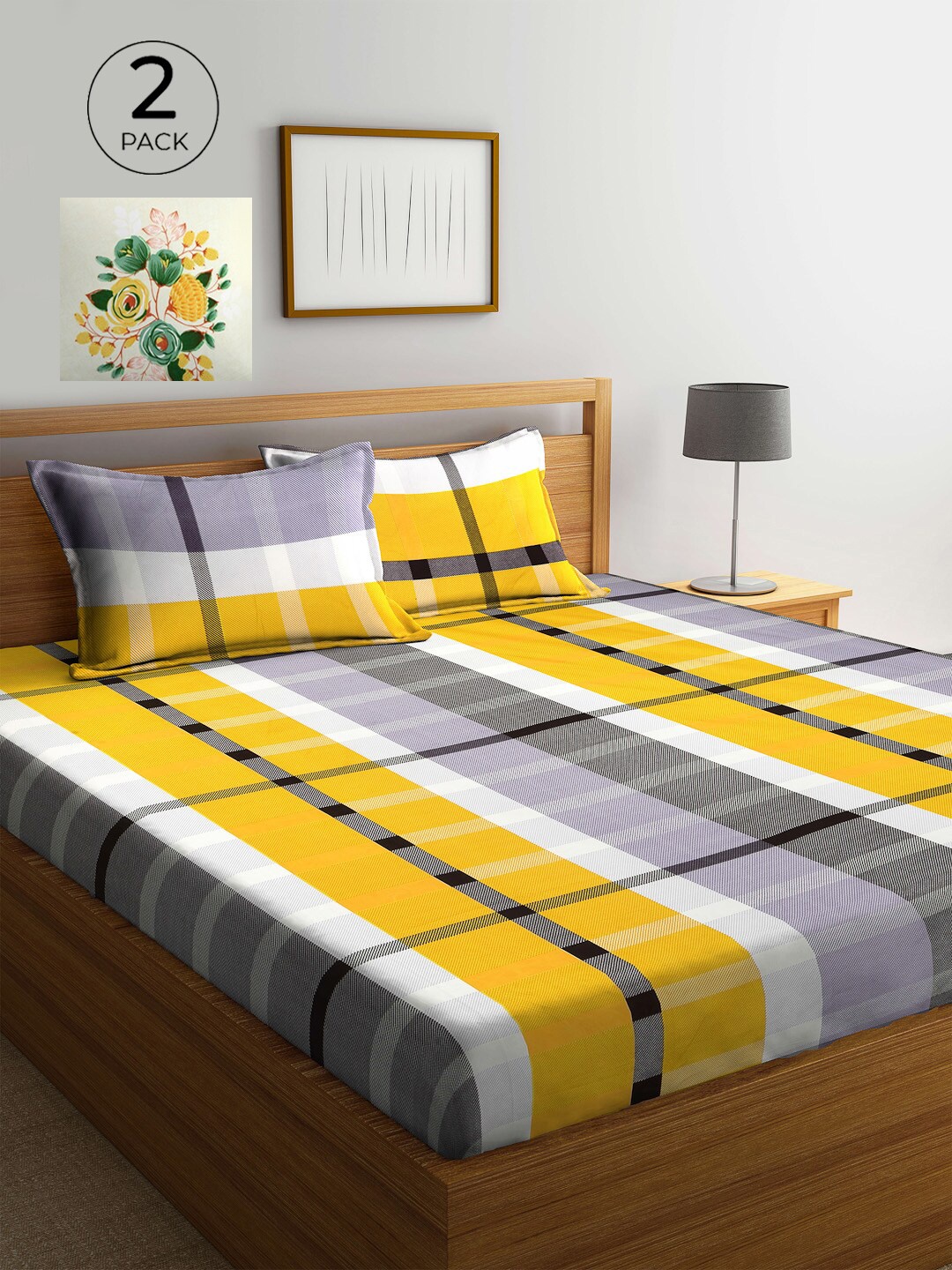 

KLOTTHE Yellow & Grey Geometric 210 TC 2 King Bedsheet with 4 Pillow Covers
