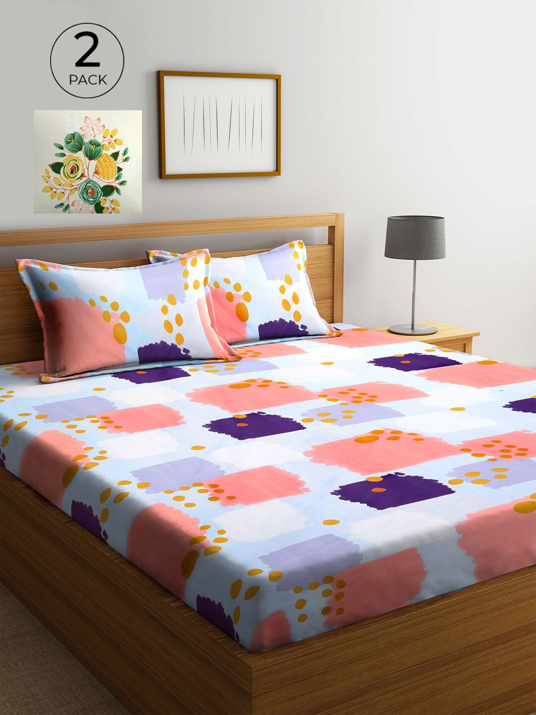 

KLOTTHE Navy Blue & Pink 210 TC 2 King Bedsheet with 4 Pillow Covers