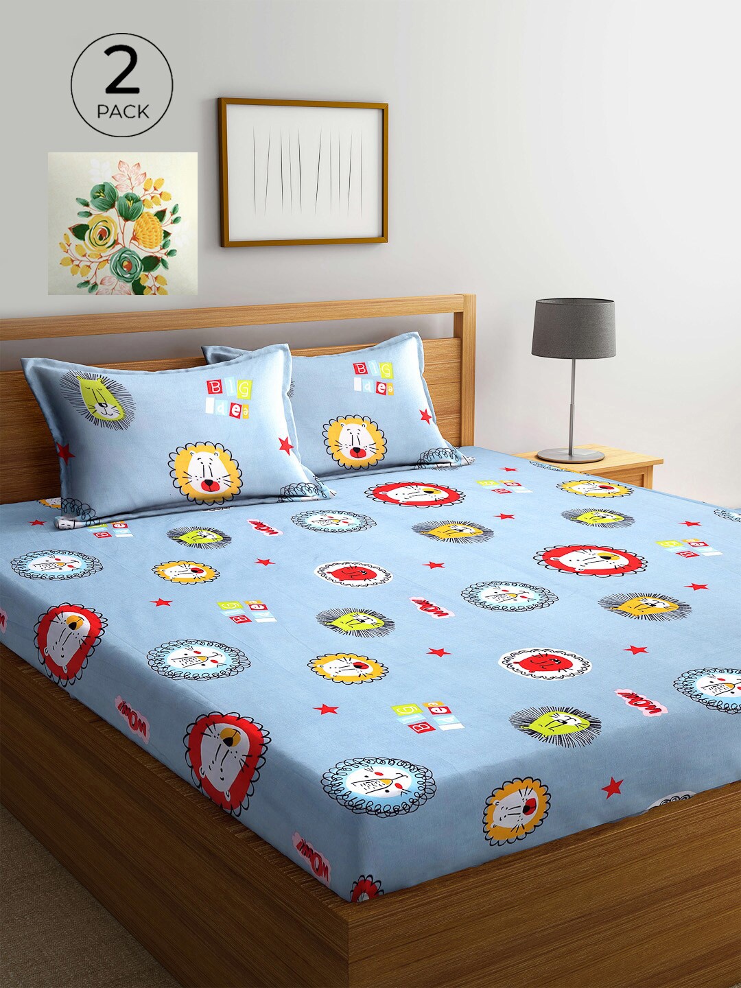 

KLOTTHE Blue & Orange Cartoon Characters 210 TC 2 King Bedsheet with 4 Pillow Covers