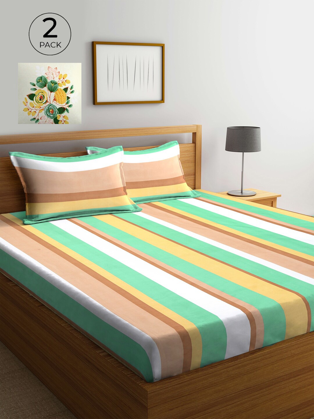 

KLOTTHE Cream-Coloured & Yellow Striped 210 TC 2 King Bedsheet with 4 Pillow Covers