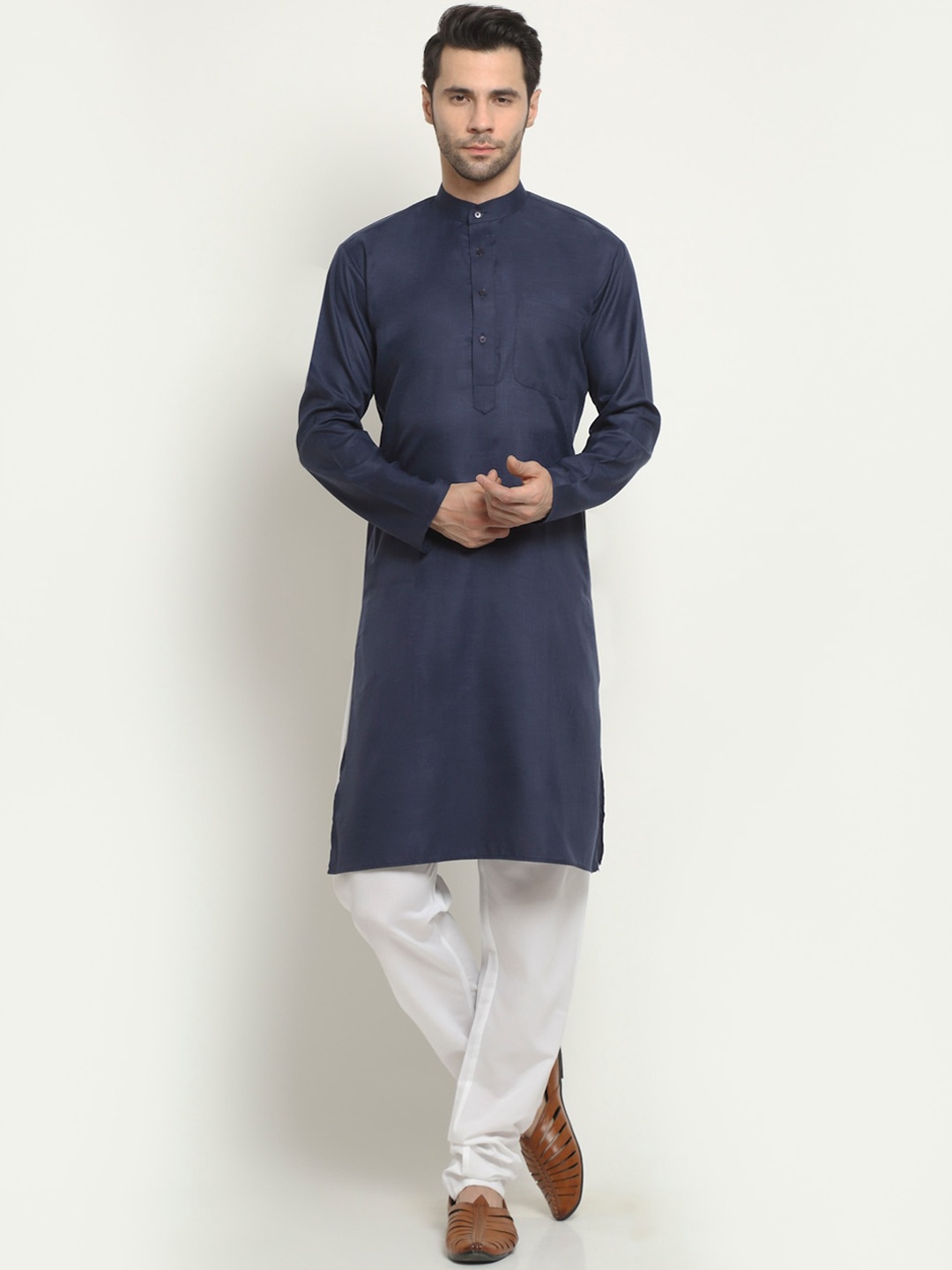 

NEUDIS Men Navy Blue Solid Solid Cotton Long Kurta