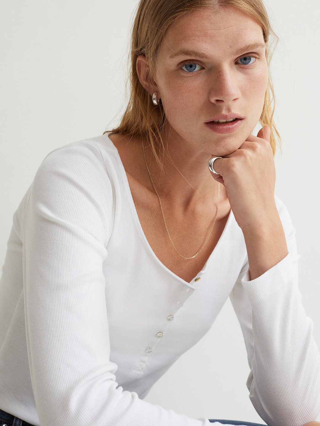 

H&M Women White Ribbed Henley Top