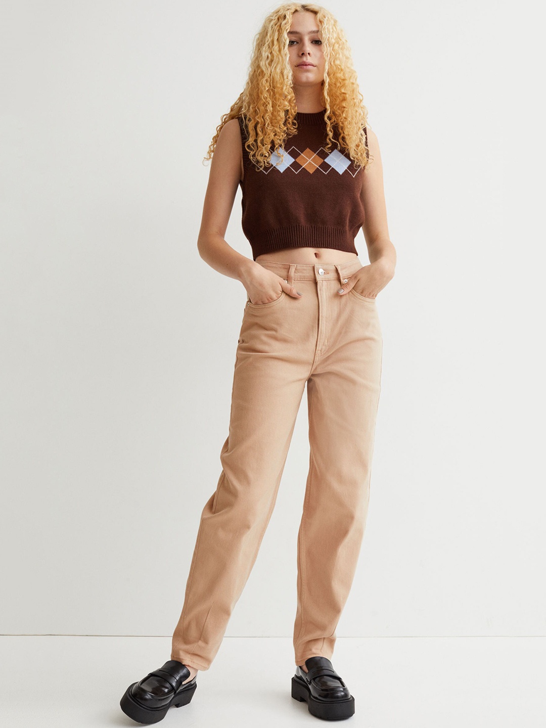 

H&M Women Beige Mom Loose-Fit Twill Trousers