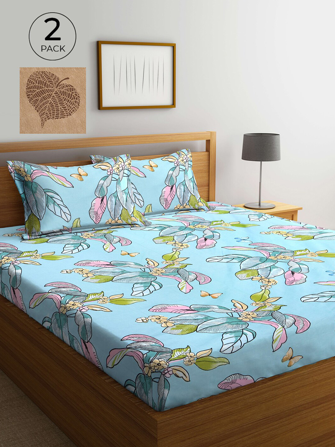 

KLOTTHE Blue & Brown Floral 210 TC 2 King Bedsheet with 4 Pillow Covers