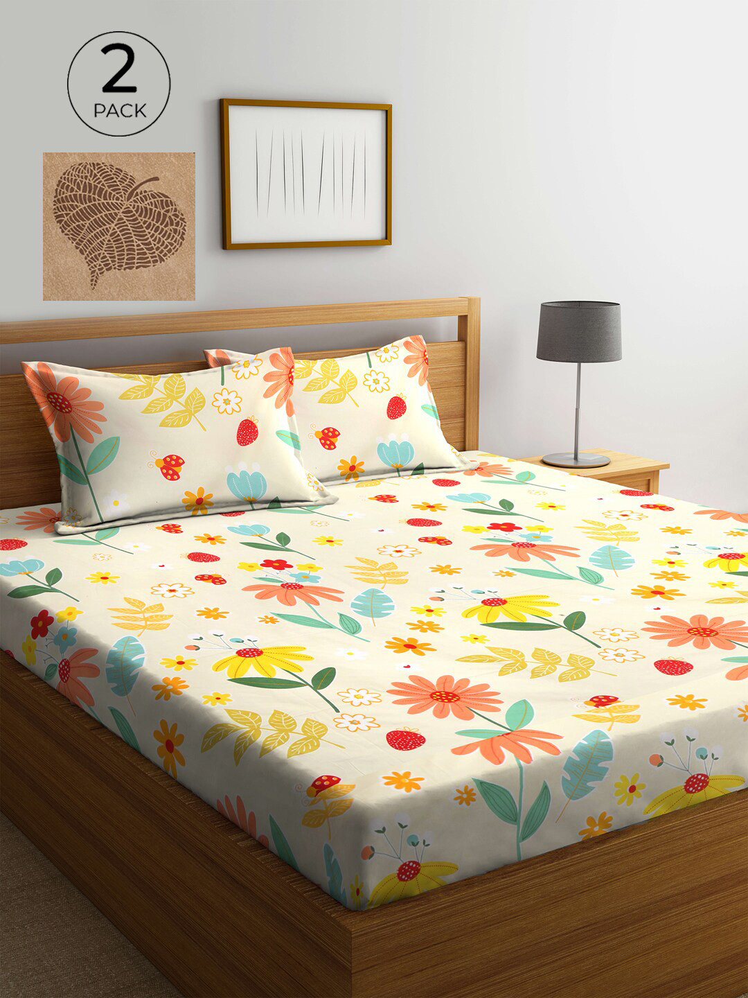

KLOTTHE Cream-Coloured & Brown Floral 210 TC 2 King Bedsheet with 4 Pillow Covers