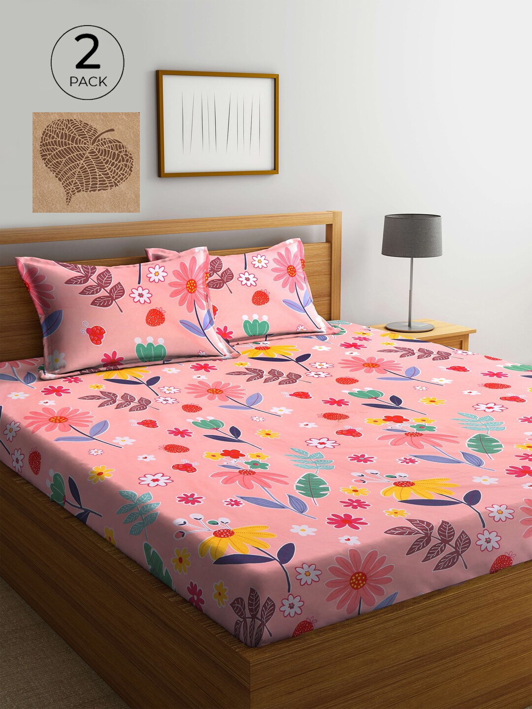 

KLOTTHE Pink & Brown Floral 210 TC 2 King Bedsheet with 4 Pillow Covers