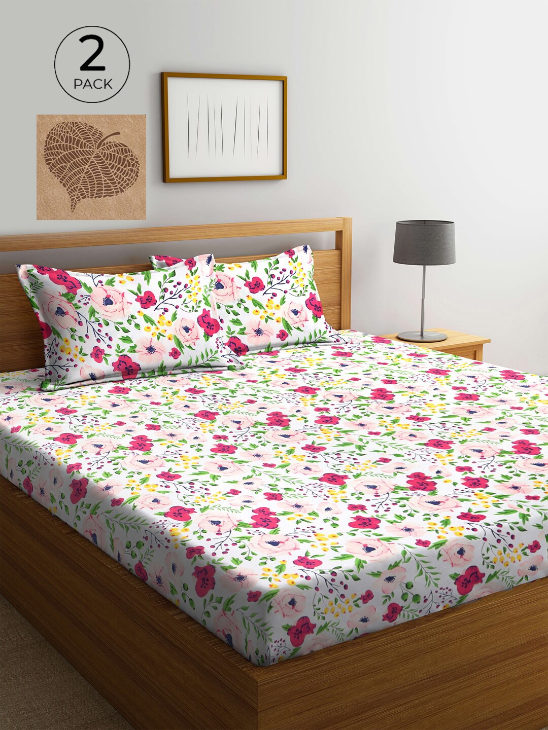 

KLOTTHE White & Brown Floral 210 TC 2 King Bedsheet with 4 Pillow Covers