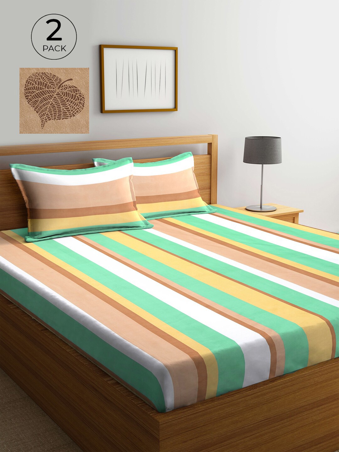 

KLOTTHE Peach-Coloured & Green Striped 210 TC 2 King Bedsheet with 4 Pillow Covers