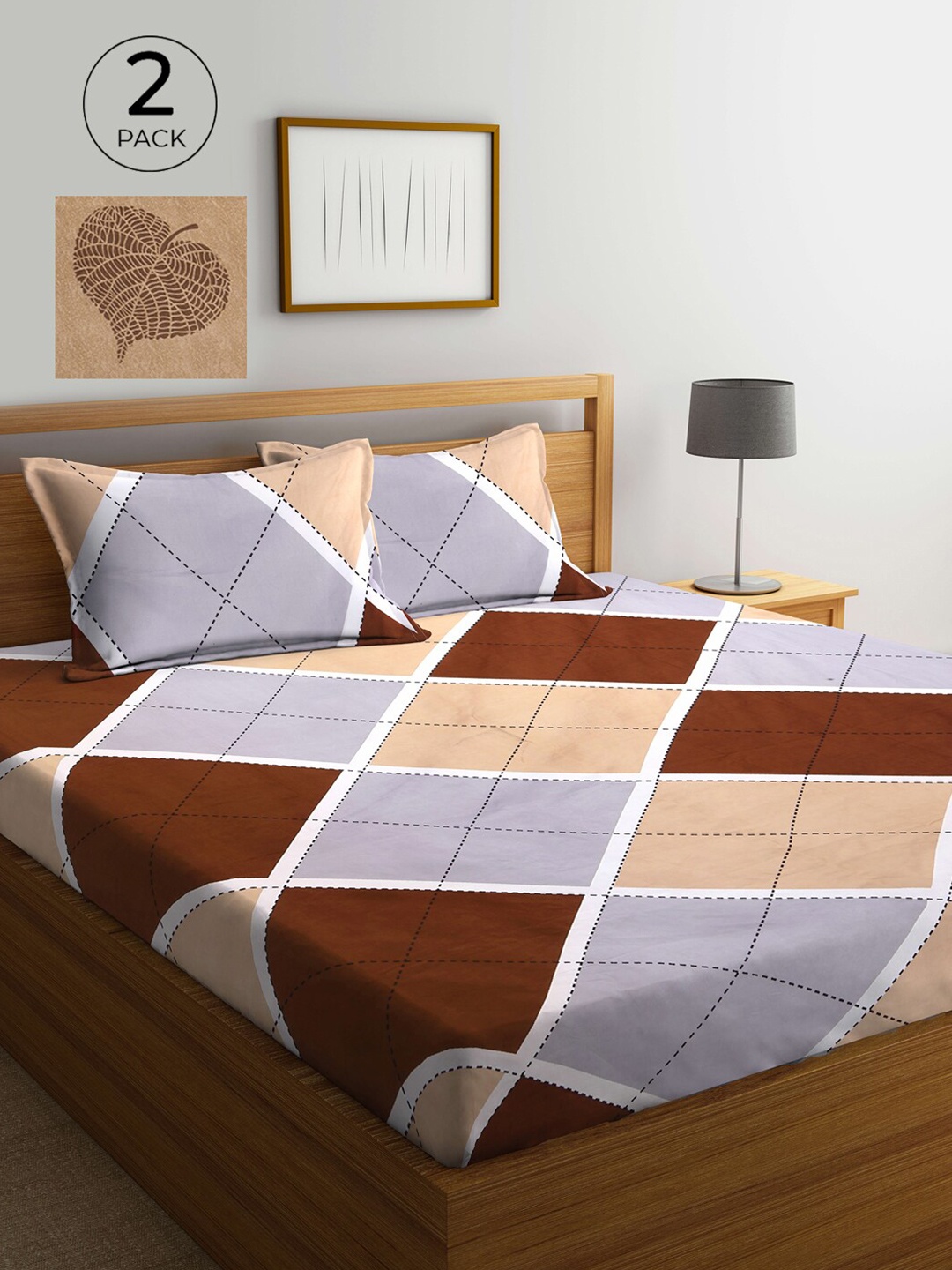 

KLOTTHE Brown & Violet Geometric 210 TC 2 King Bedsheet with 4 Pillow Covers