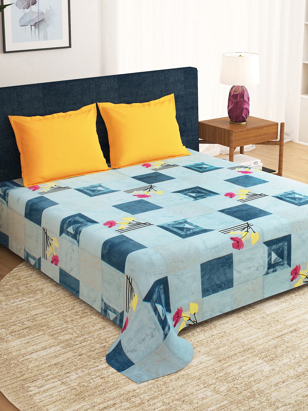 

Story@home Grey Yellow Geometric 210 TC King Bedsheet with 2 Pillow Covers