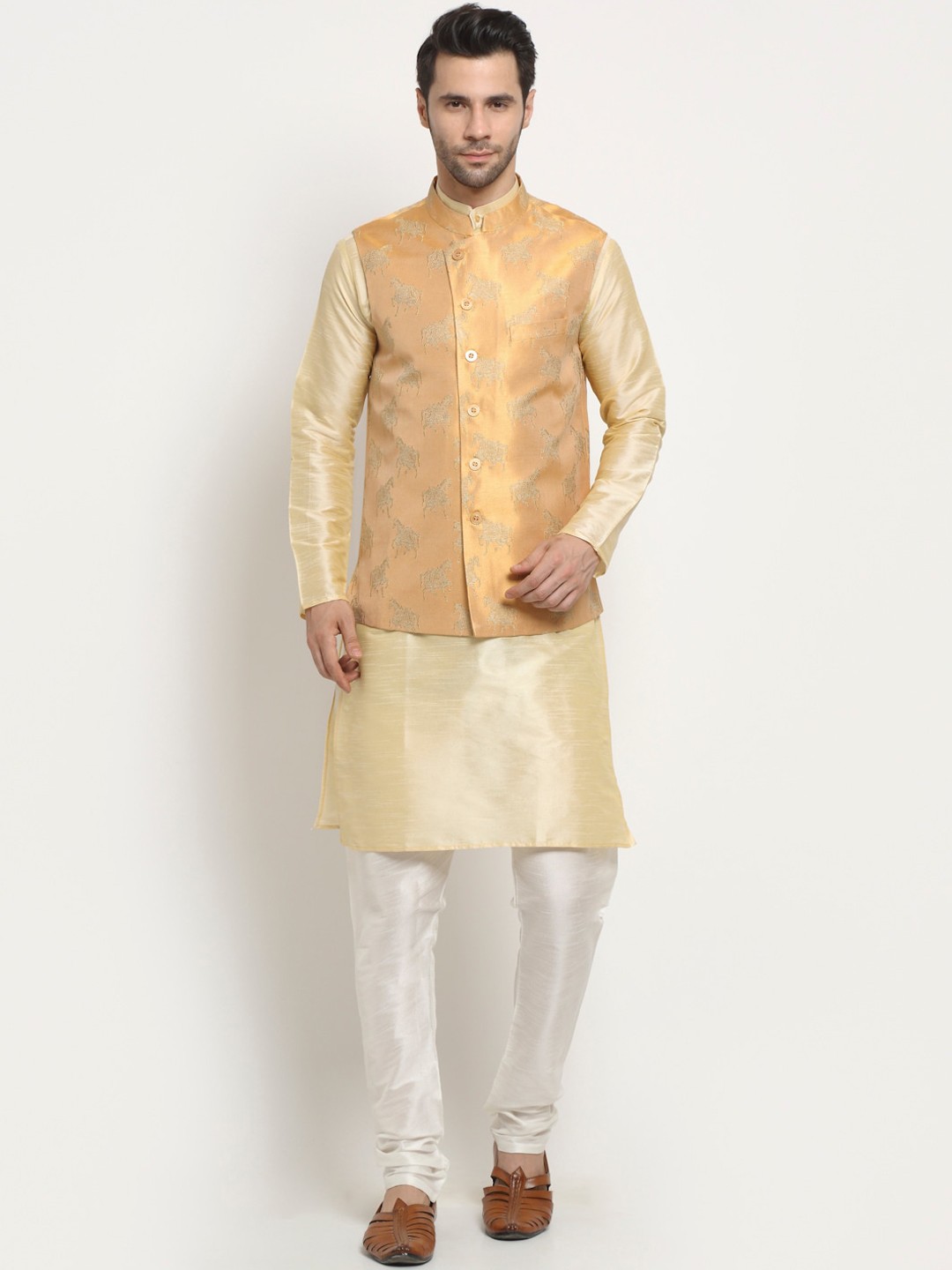

NEUDIS Men Yellow Regular Dupion Silk Kurta with White Churidar & Nehru Jacket