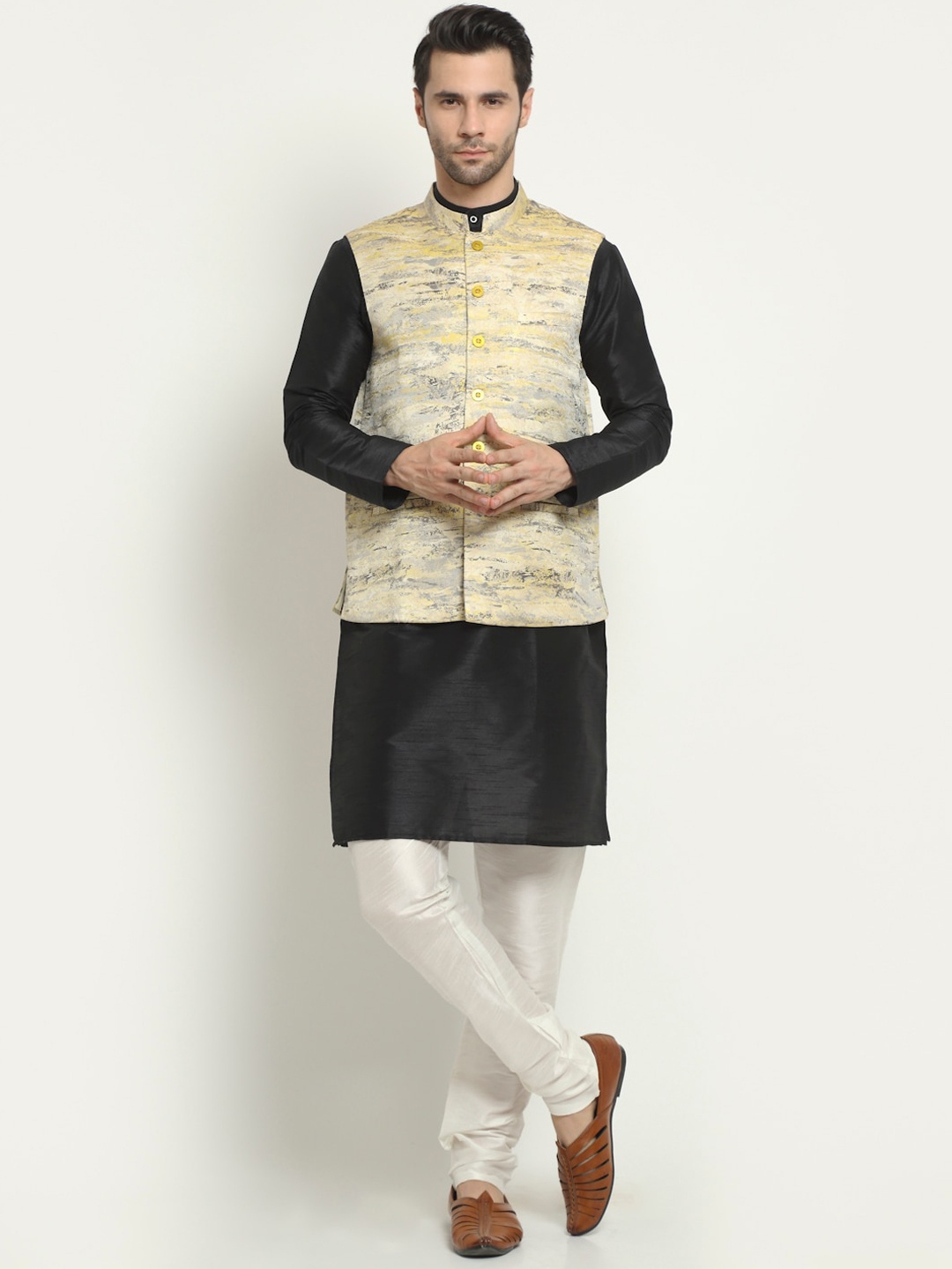 

NEUDIS Men Black Dupion Silk Kurta with Churidar & Satin Jacquard Nehru Jacket