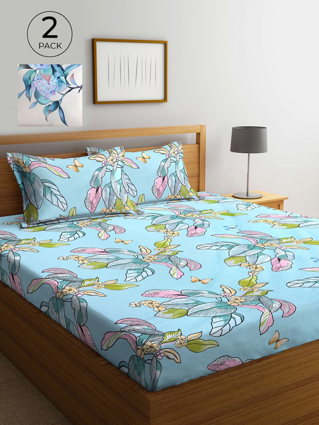 

KLOTTHE White & Blue Floral 210 TC 2 King Bedsheet with 4 Pillow Covers