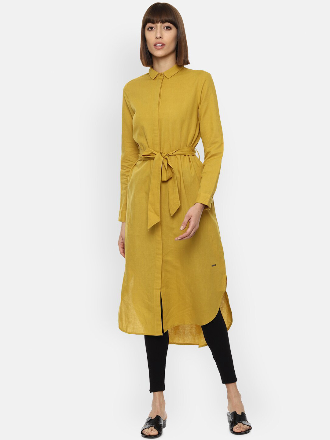 

Van Heusen Woman Mustard Linen Shirt Collar Tunic with Tie Up