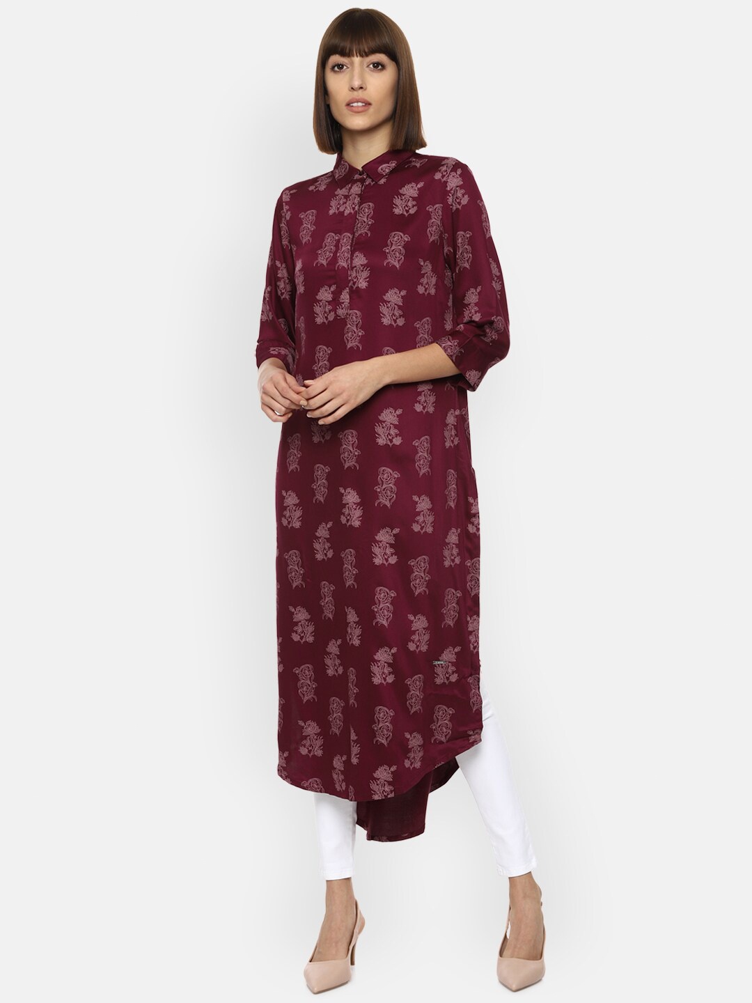 

Van Heusen Woman Maroon Shirt Collar Printed Tunic