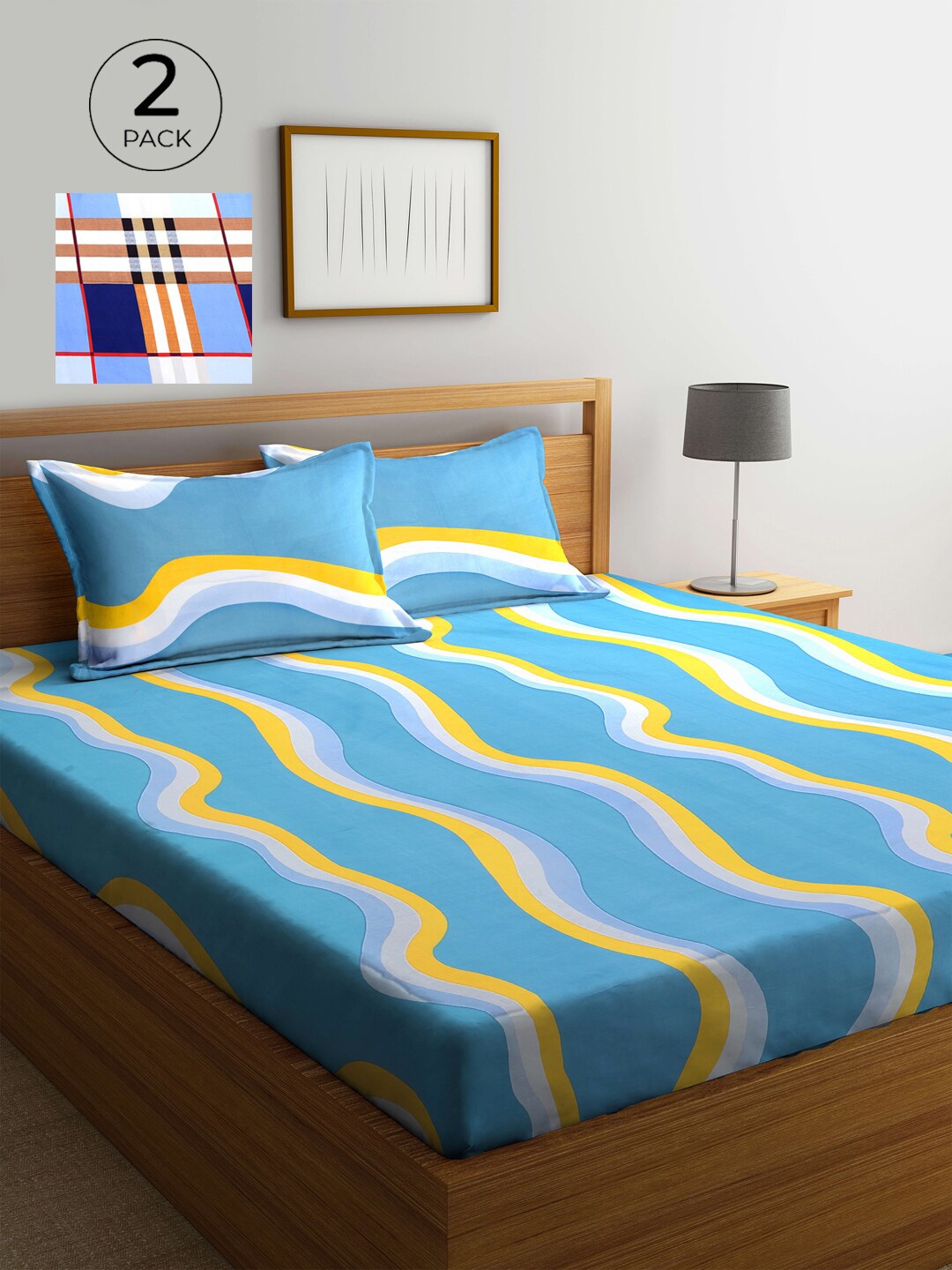 

KLOTTHE Blue & Navy Blue 210 TC 2 King Bedsheet with 4 Pillow Covers