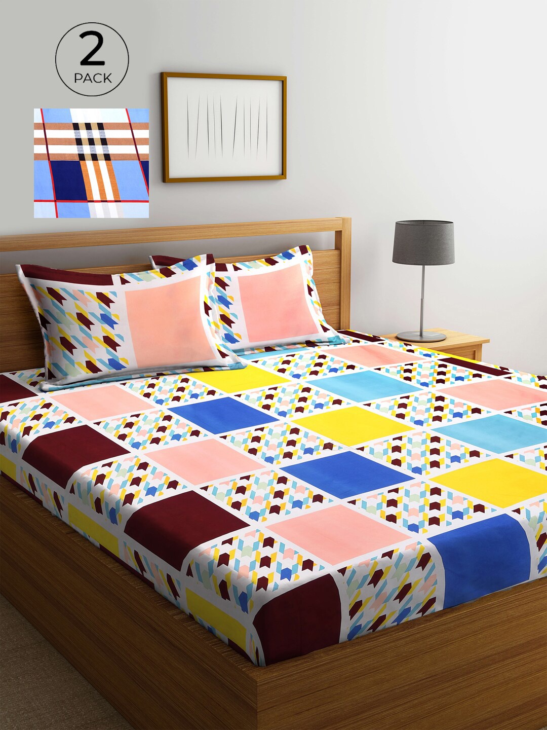 

KLOTTHE Pink & Yellow Geometric 210 TC 2 King Bedsheet with 4 Pillow Covers