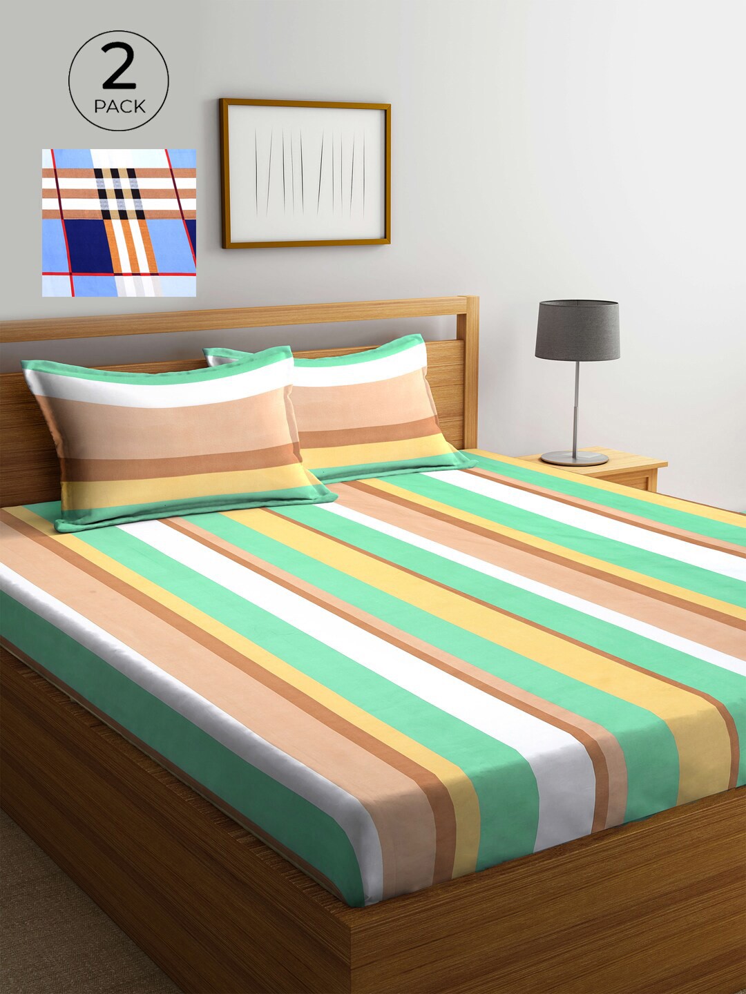 

KLOTTHE Green & Peach-Coloured Striped 210 TC 2 King Bedsheet with 4 Pillow Covers
