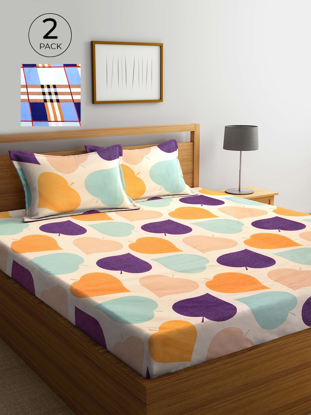 

KLOTTHE Peach-Coloured & Blue 210 TC 2 King Bedsheet with 4 Pillow Covers