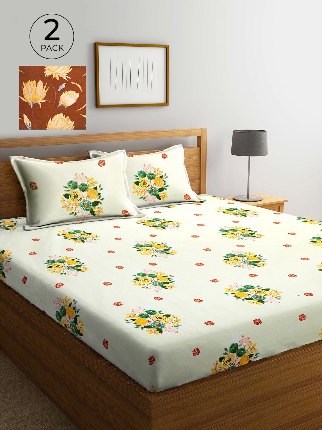 

KLOTTHE White & Brown Floral 210 TC 2 King Bedsheet with 4 Pillow Covers