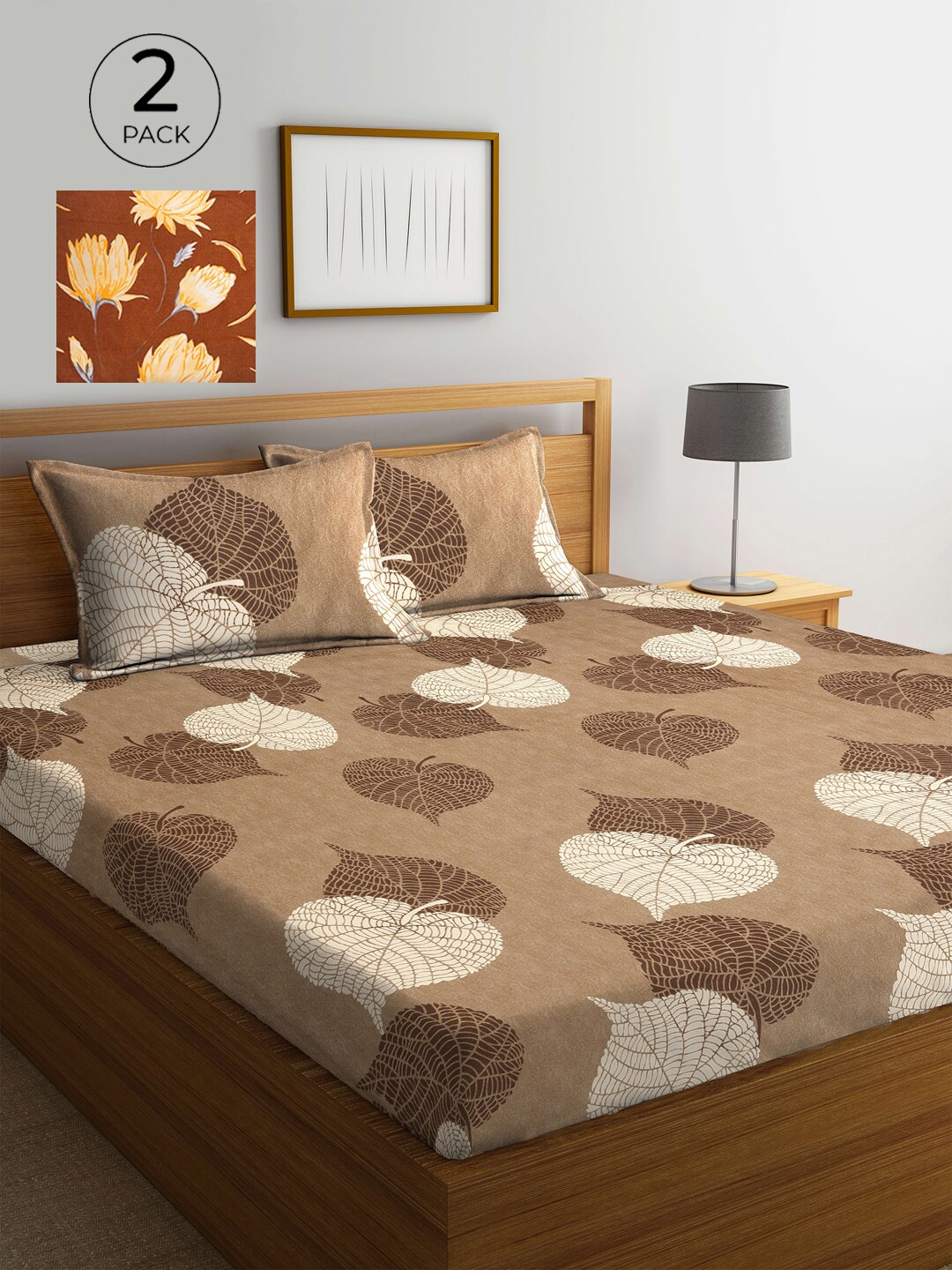 

KLOTTHE Brown & White Floral 210 TC 2 King Bedsheet with 4 Pillow Covers