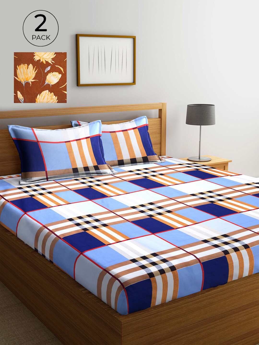 

KLOTTHE White & Blue Geometric 210 TC 2 King Bedsheet with 4 Pillow Covers