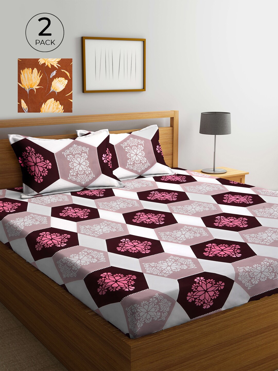 

KLOTTHE Maroon & Peach-Coloured Floral 210 TC 2 King Bedsheet with 4 Pillow Covers