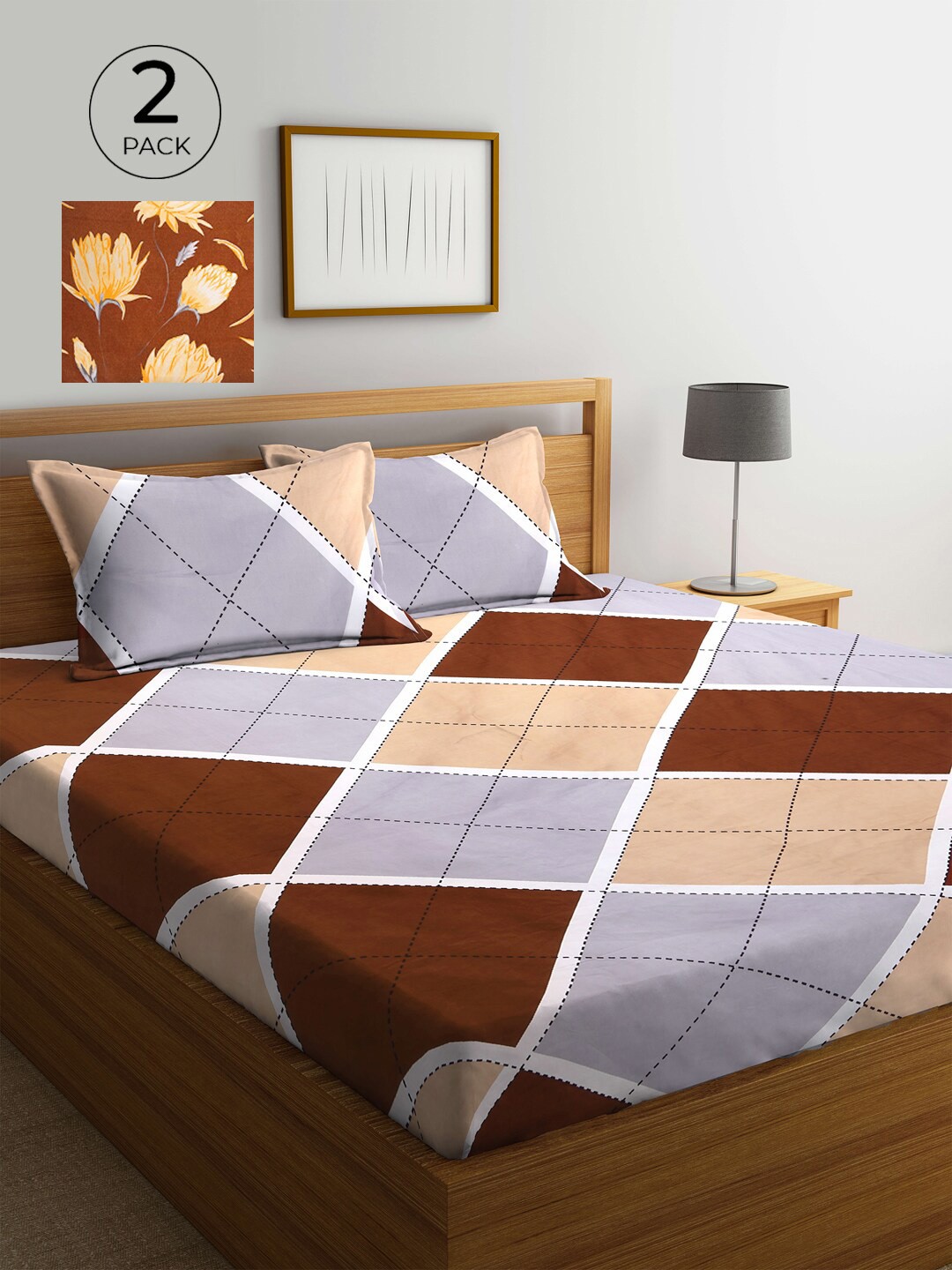 

KLOTTHE Brown & Grey Geometric 210 TC 2 King Bedsheet with 4 Pillow Covers