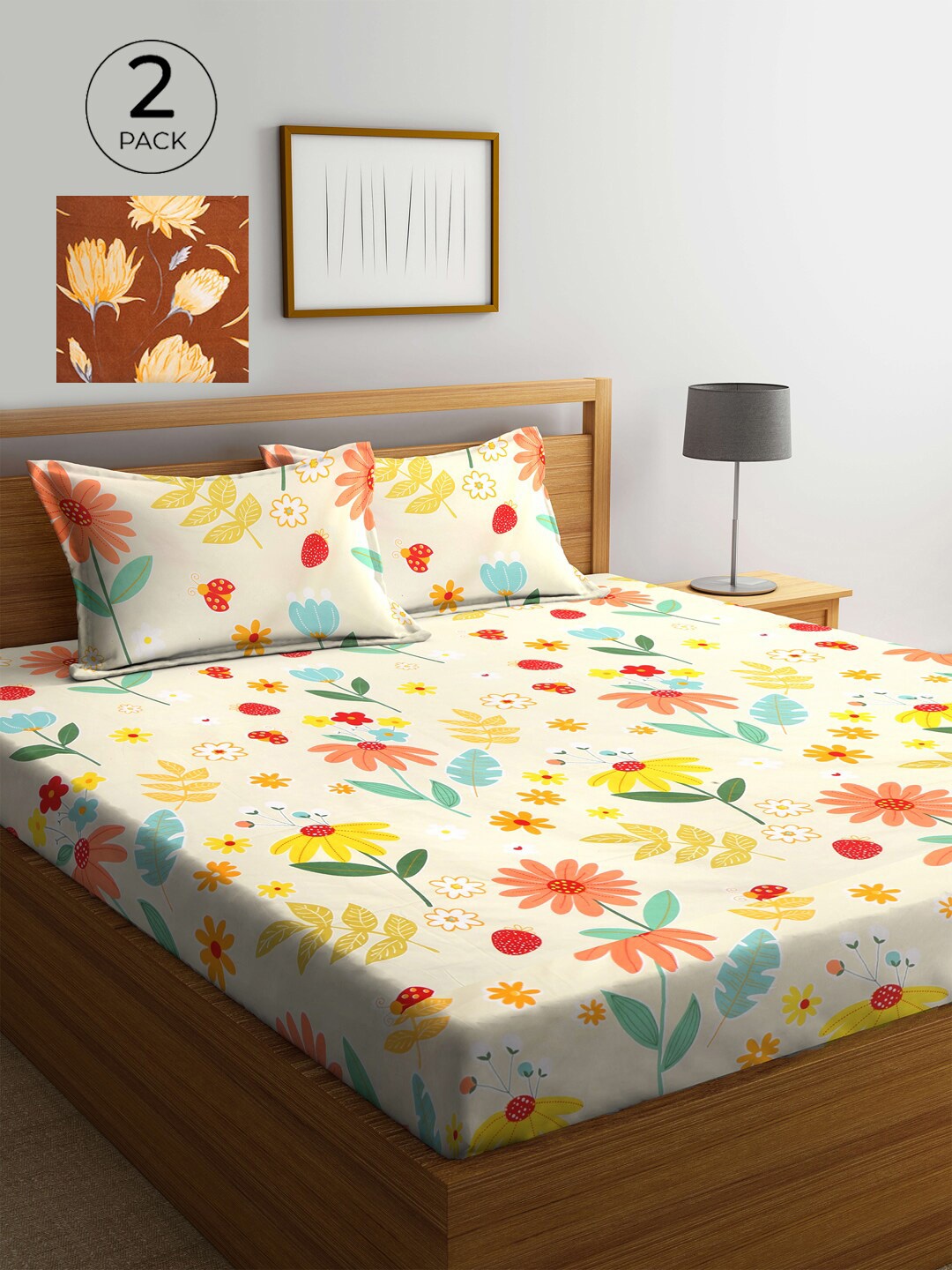 

KLOTTHE White & Yellow Floral 210 TC 2 King Bedsheet with 4 Pillow Covers